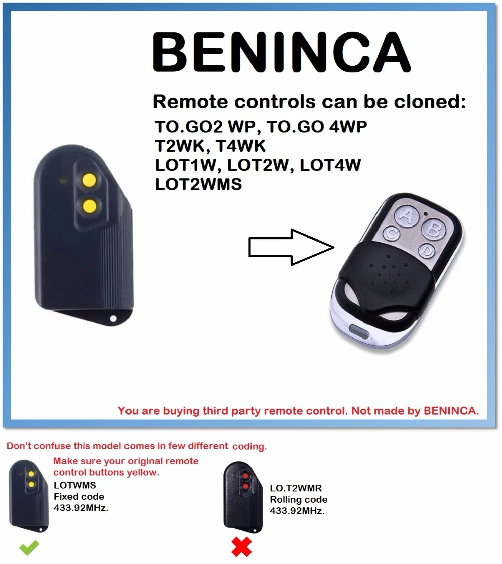 

BENINCA LOTWMS Remote Control Duplicator 4-Channel (only for 433.92mhz fixed code)