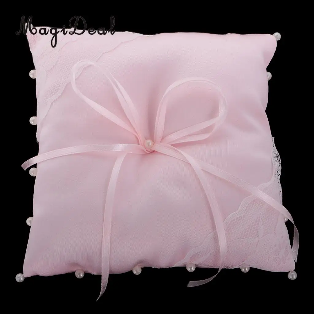 

MagiDeal Wedding Satin Lace Flower Pearl Ribbon Ring Pillow Ring Bearer Cushion