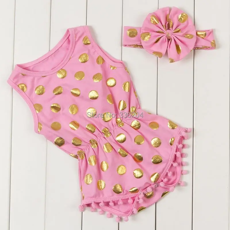 

gold polka dot romper, baby girls bubble romper, baby girl pompons clothes with Bow headband