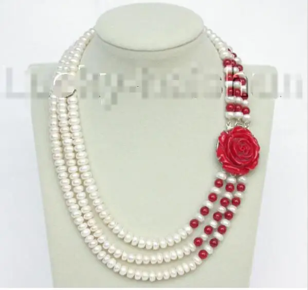 

Hot sale new Style >>>>>17"-20" 8mm 3row round white freshwater pearls red coral necklace j8842