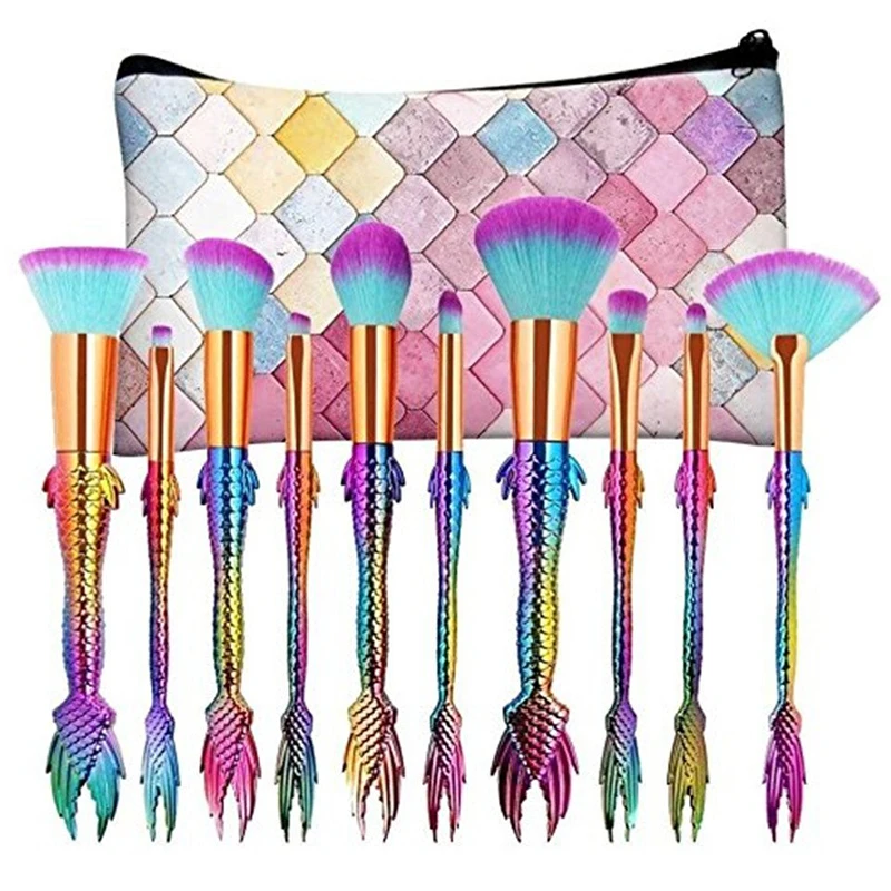 10Pcs Mermaid Makeup Brush Set with Bag Fish Tail Foundation Powder Eyeshadow Make Up Brushes