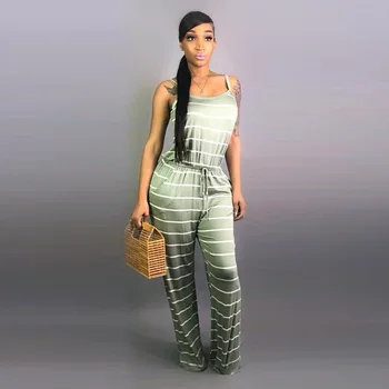 

2019 Spring And Summer Sleeveless Off Shoulder Strap Pants Women's Wear Sexy Print Striped Wide-Legged Jumpsuits