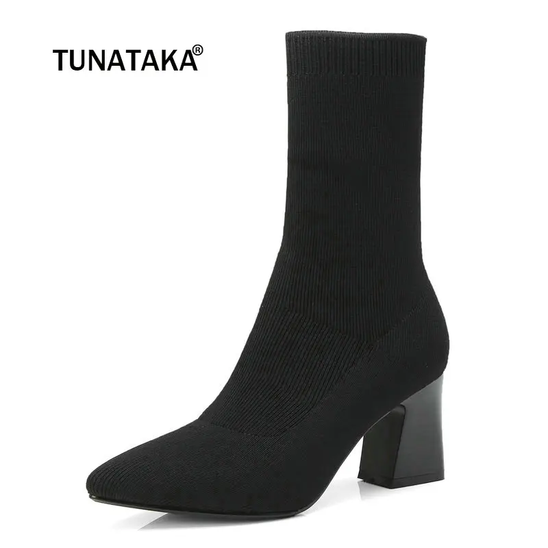 

Ladies Knitting Square Heel Ankle Boots Fashion Pointed Toe Fall Winter Women Shoes Black