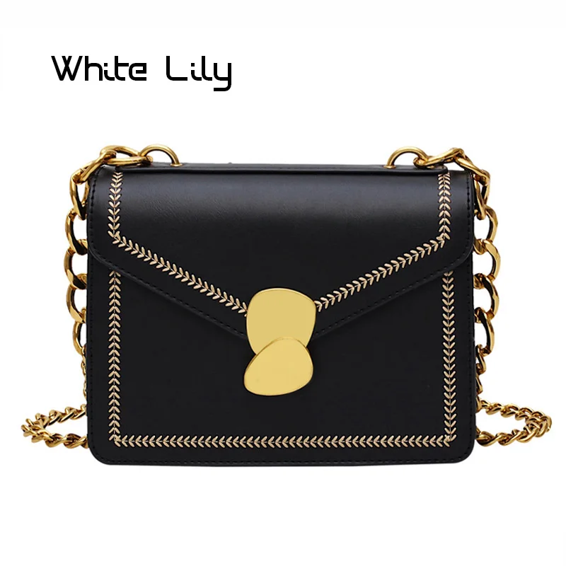 

New Vintage Metal Chain Shoulder Bag PU Leather Luxury Hasp Handbag Women's Retro Small Crossbody Bag