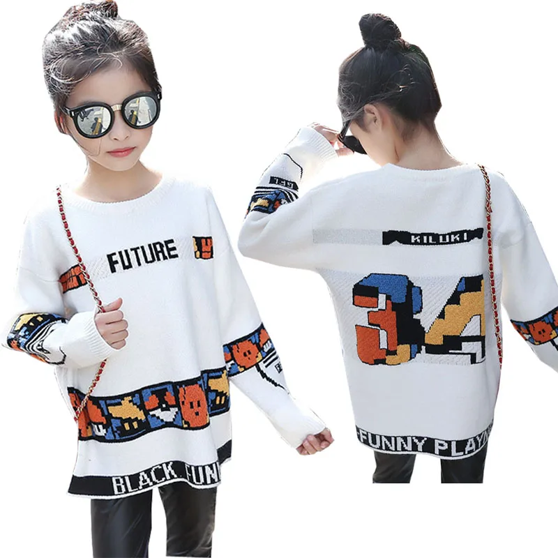 

Girls White Sweaters Casual Knitted Sweaters For Girls Cartoon Pattern Costumes Children Knitwear Tops 4 6 8 10 11 12 Years