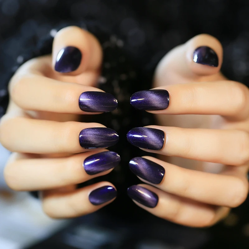 Fashion Oval Top Acrylic Fake Nails Black Gradient Purple ...