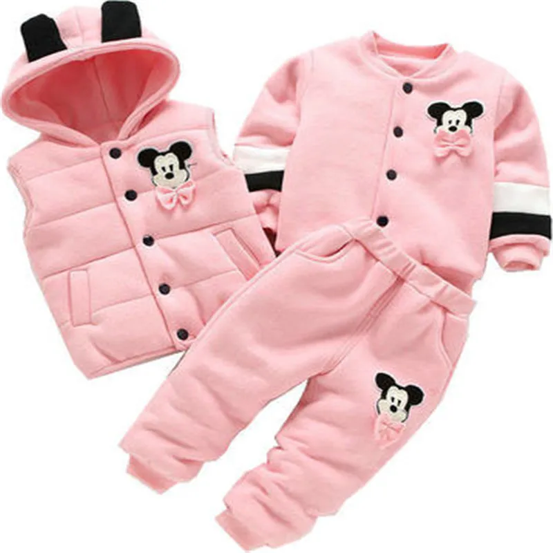 

3 Pcs/Set Baby Mickey Clothing Set Cartoon Dinosaur Thick Hooded Vest + Sweater + Pants Girls Clothing Sets Boy Sport Suits