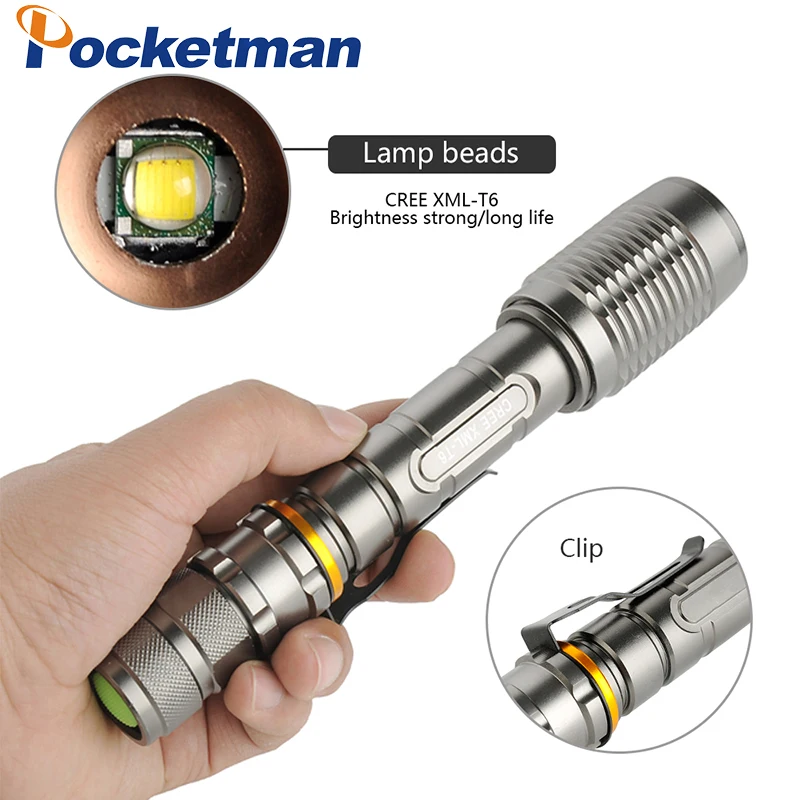 8000LM led xml- T6 Zoom Flashlight Torch Zoomable Bike Lamp Light Lampe Torches Lantern + 18650 Battery + Charger +Bike clip