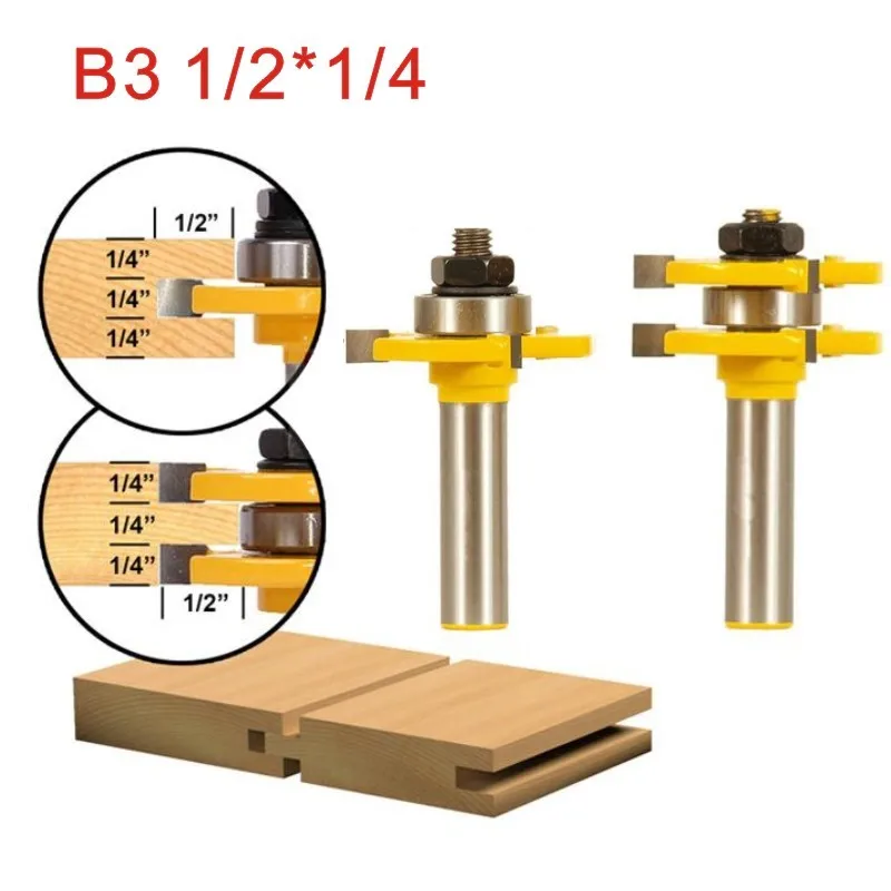

2Pcs Tongue & Groove Router Bit Set 1/2 Inch Shank 3 Teeth T-shape Wood Milling Cutter flooring knife