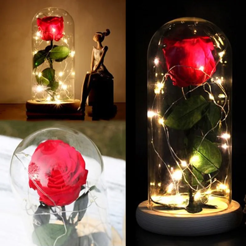 

Handmade Rose with LED Lights PreserveFreshFlower Beauty and The Beast Rose ,with Dome Preserved Rose Metal Rose Enchanted Rose