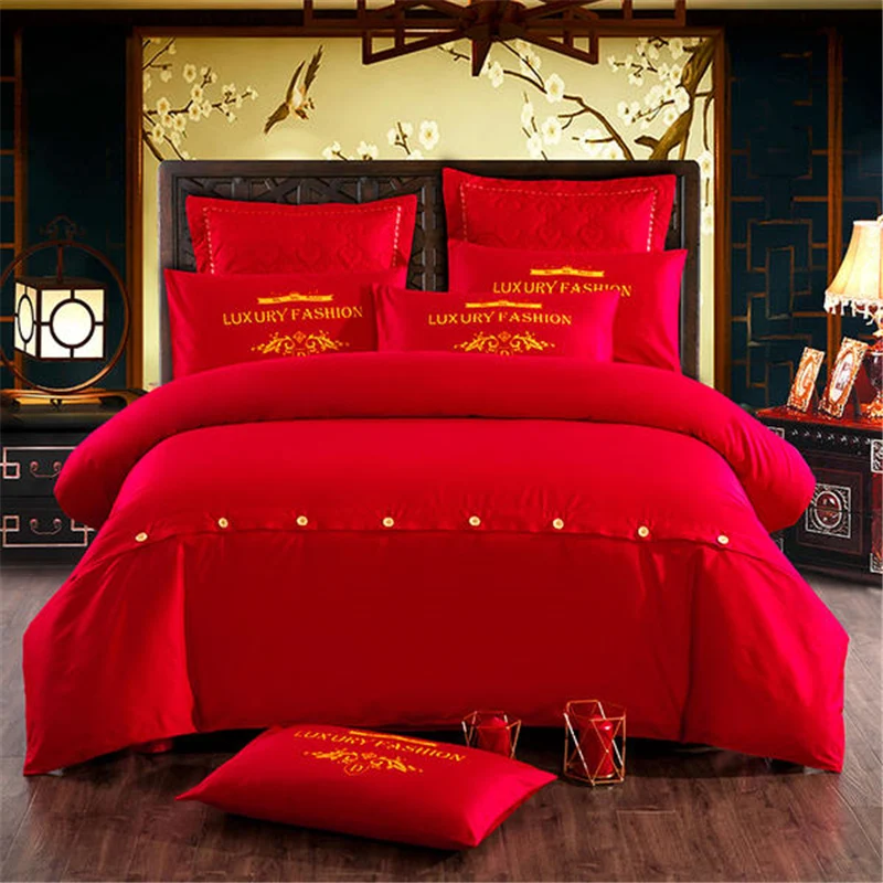 4Pcs Whole cotton Red wedding embroidery Bedding set King Queen Size Bed Set Duvet Cover Bed