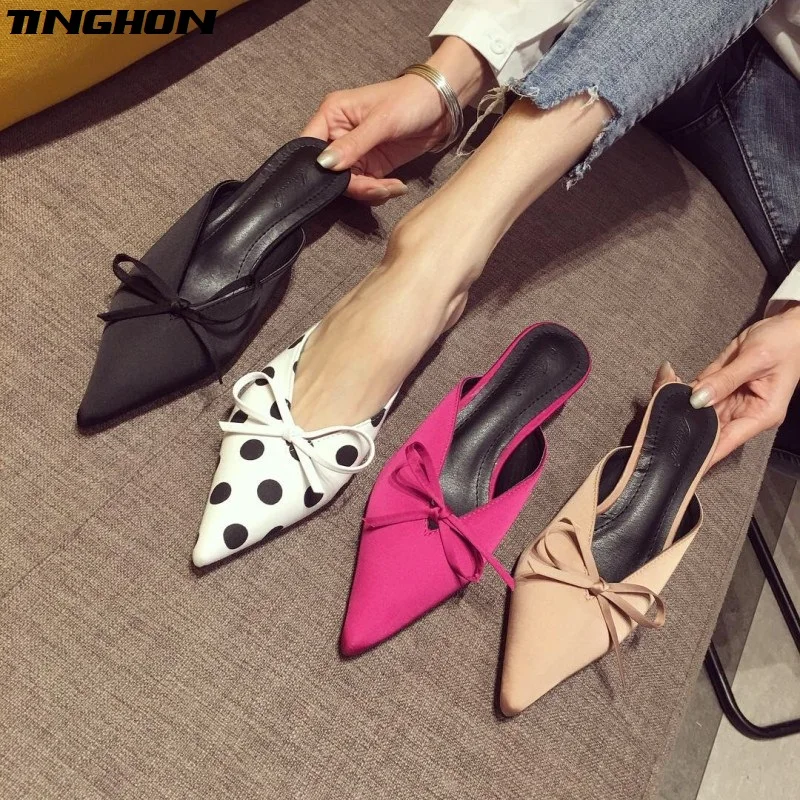 

TINGHON Small Heel Slippers Women Pointed Toe Mules Women Dress Slides Female High Slippers Ladies Elegant Sandals Mules