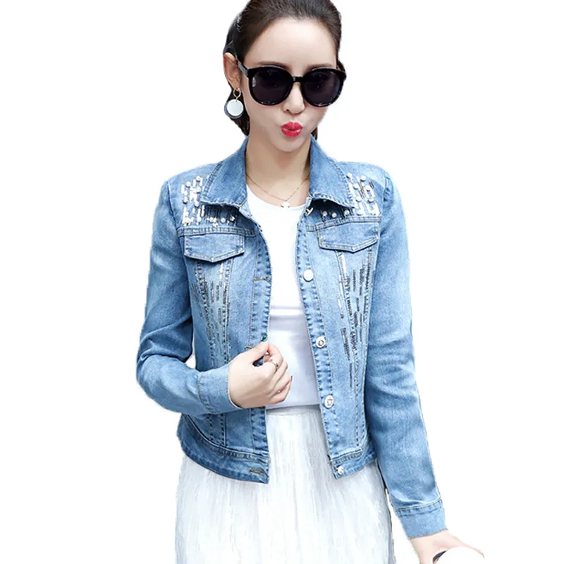 

Plus Size Ladies Spring Denim Jacket For Women 2018 Long Sleeve Chaqueta Mujer Slim Pearl Jeans Jacket Women Sequin Denim Coat