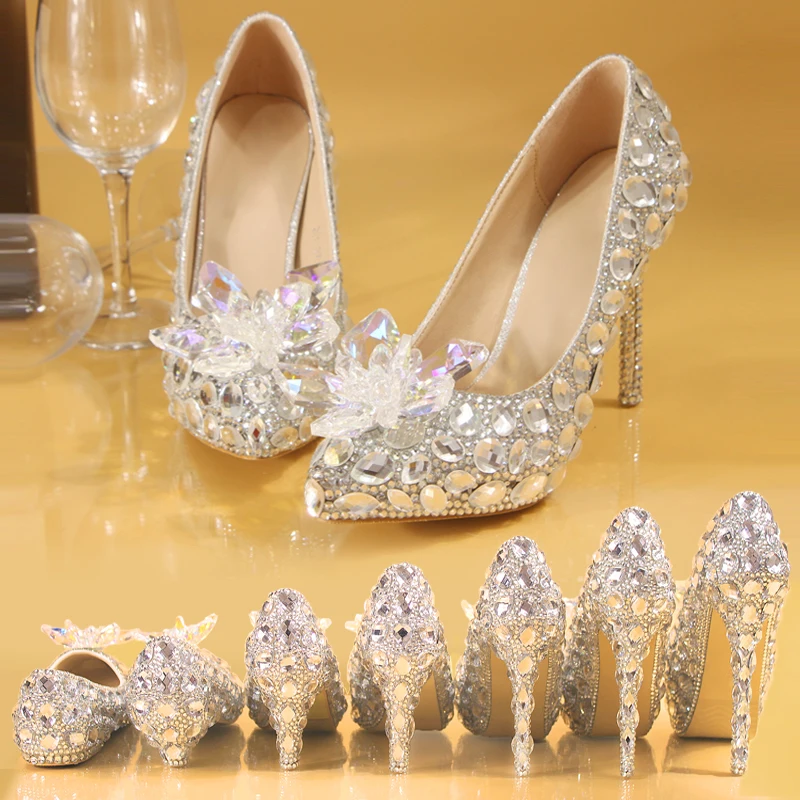 

Silver Crystal Shoes Wedding Shoes Female Bridal Shoes Women Fashion Princess Rhinestone White Wedding Pumps Sweet Party Shoes
