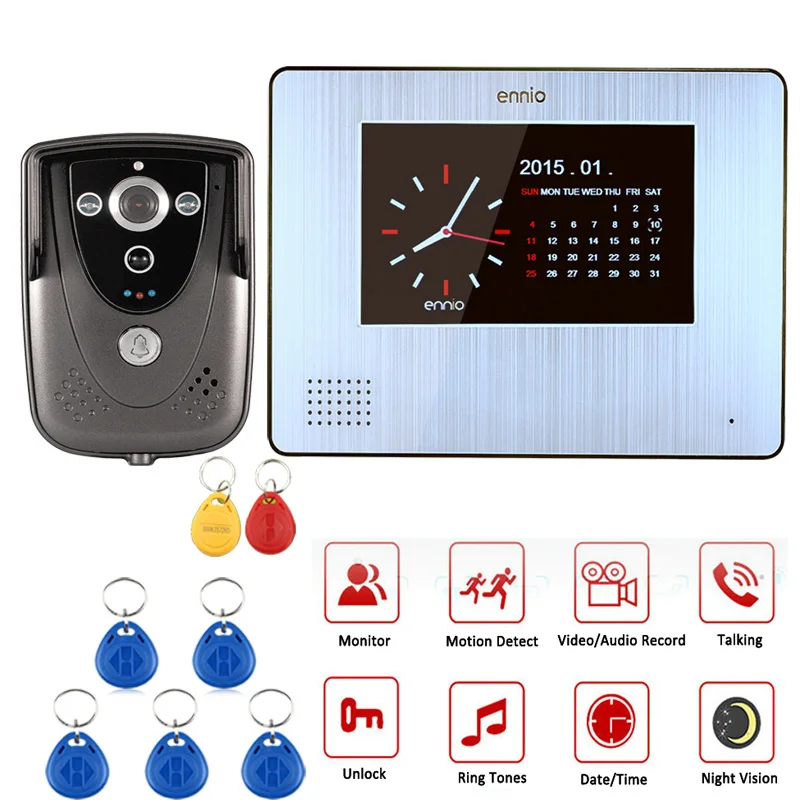 

ENNIO 7"Color Touch Screen Video Door Phone with PIR Record intercom System RFID Keyfob IR Camera max to support 32G SD card