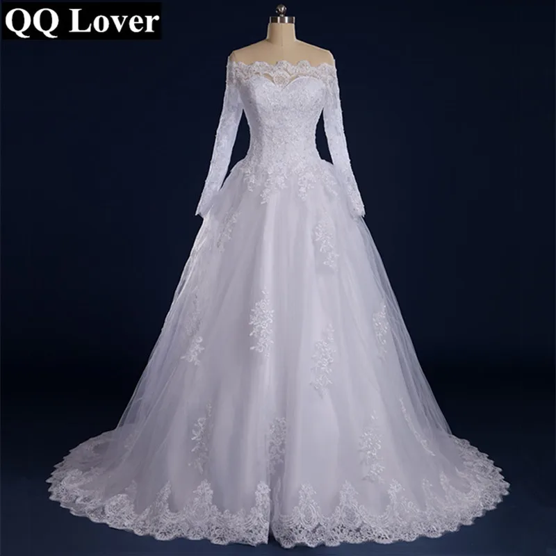 

QQ Lover 2019 Vestido De Noiva Beaded Appliqued Long Sleeve Lace Wedding Dress 2019 Boat Neck Wedding Dress