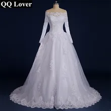 QQ Lover 2020 Vestido De Noiva Beaded Appliqued Long Sleeve Lace Wedding Dress Boat Neck Wedding