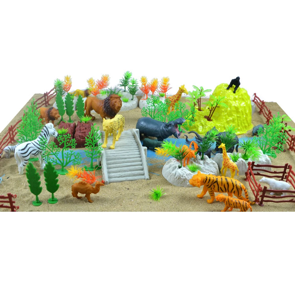 MagiDeal 100 Pieces Plastic Wild Animals Figurine Zoo Animals Fence Tree Model Toys for School Classroom Children Birthday Gift