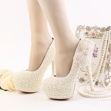 Luxury Ivory Wedding Dress Shoes High Heel Platform Bridal Shoes Ivory Pearl Formal Dress Shoes Handmade High Heel Prom Pumps