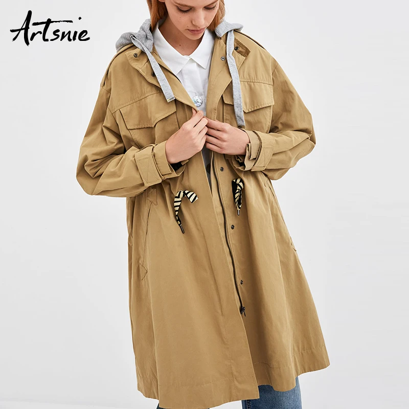 Feminino Hiver Casual Manteaux Longue 2018 Automne Tranchée Double Kaki Femme Manteau À Poches Femmes Khaki Capuchon Streetwear Artsnie qwaPvxp