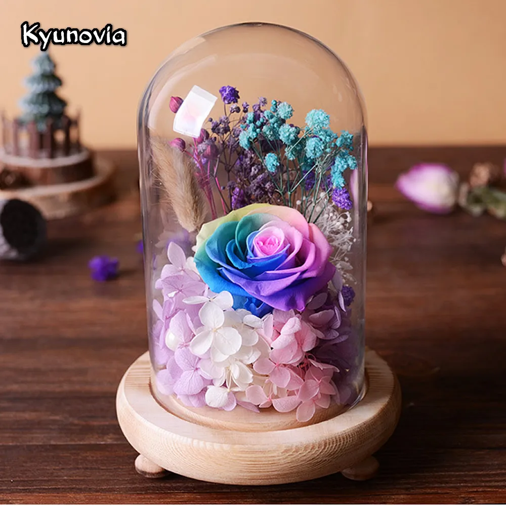QiKun-Home Glasdeckel Mini Blume Bär Rose Mit Licht DIY Getrocknete Blume Konservierte Blume Romantisches Valentinstagsgeschenk Blau