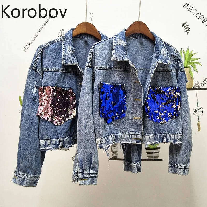 

Korobov 2019 Autumn New Women Denim Jackets Long Sleeve Sequin Patchwork Pockets Coat Streetwear Short Jeans Jacket 78136