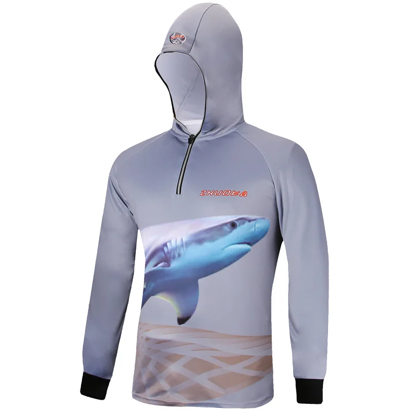 Полиэстер Мужская рыболовная Джерси с длинным рукавом дышащая быстросохнущая Спортивная рубашка с капюшоном одежда с защитой от УФ-лучей одежда для рыбалки - Цвет: Gray