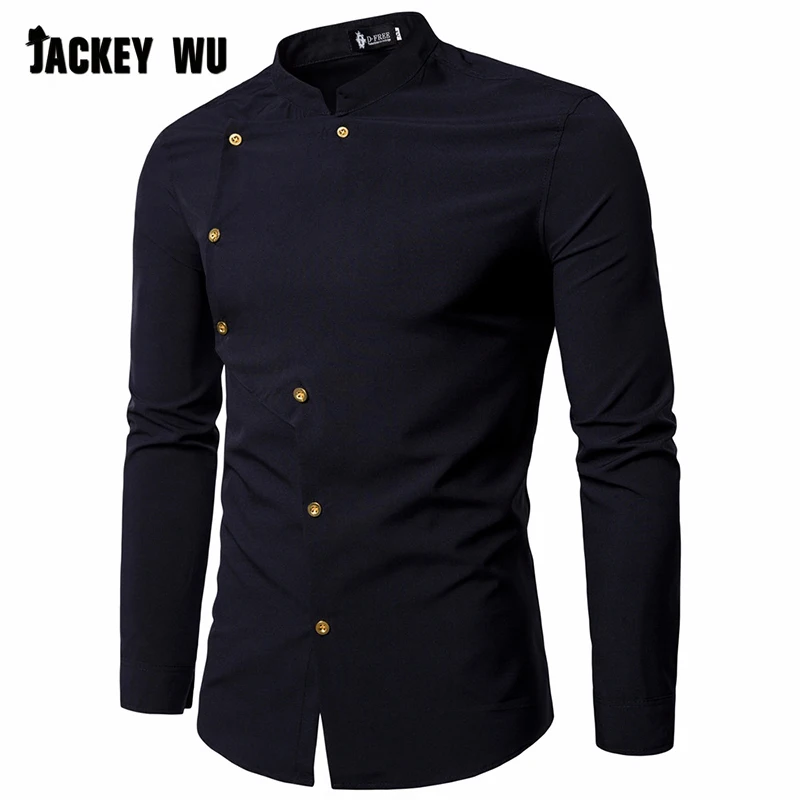 JACKEYWU عارضة قمصان الرجال 2019 الأزياء الكورية شخصية الصدر بأكمام طويلة قميص ضئيلة تنفس ملابس للرجال الأسود