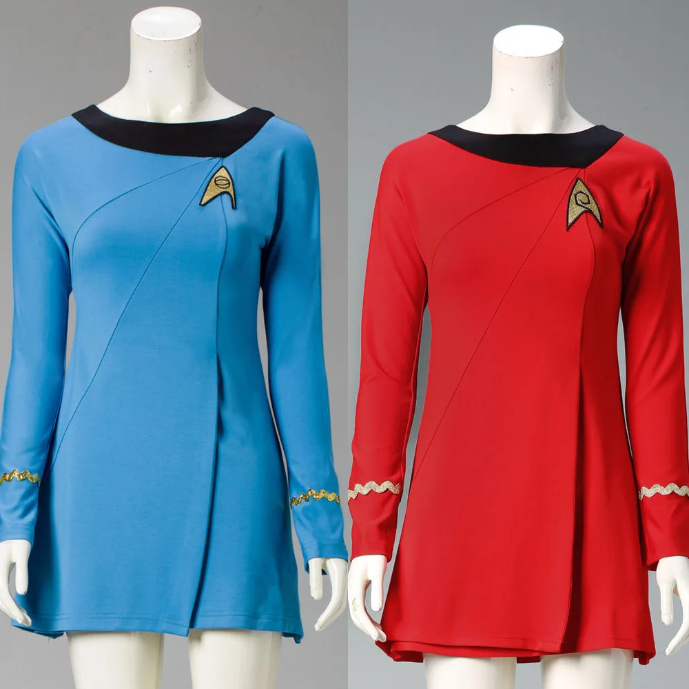 

High Quality Star Trek Female Uniform Dress Duty TOS Cosplay Costume Star Trek Costume Red Blue Halloween party