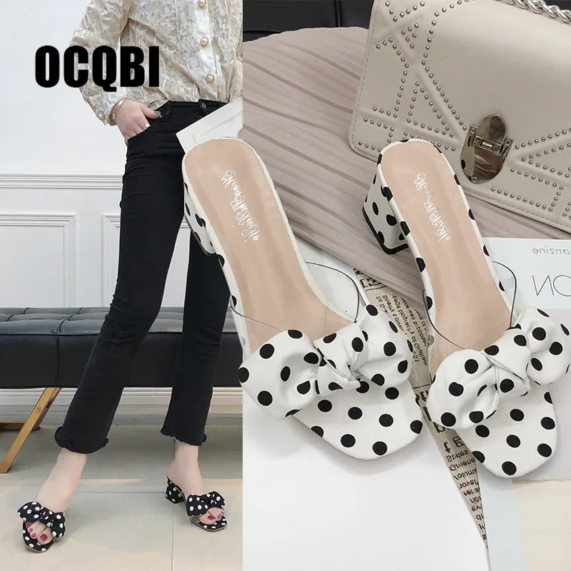 

2019 New Sweet Mules Ladies Polka Dot PVC Summer Casual Slippers Bowknot Thick High Heels Slide Casual Women Shoes Size 35-39