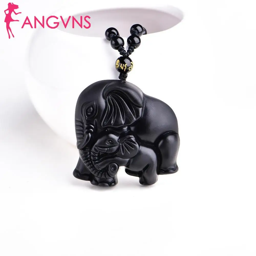 ANGVNS Necklace Elephant Natural Fashion Cute Lucky Jewelry Amulet Pendant Mother Obsidian Chinese Carved Black Handwork Fashion Jewelry
