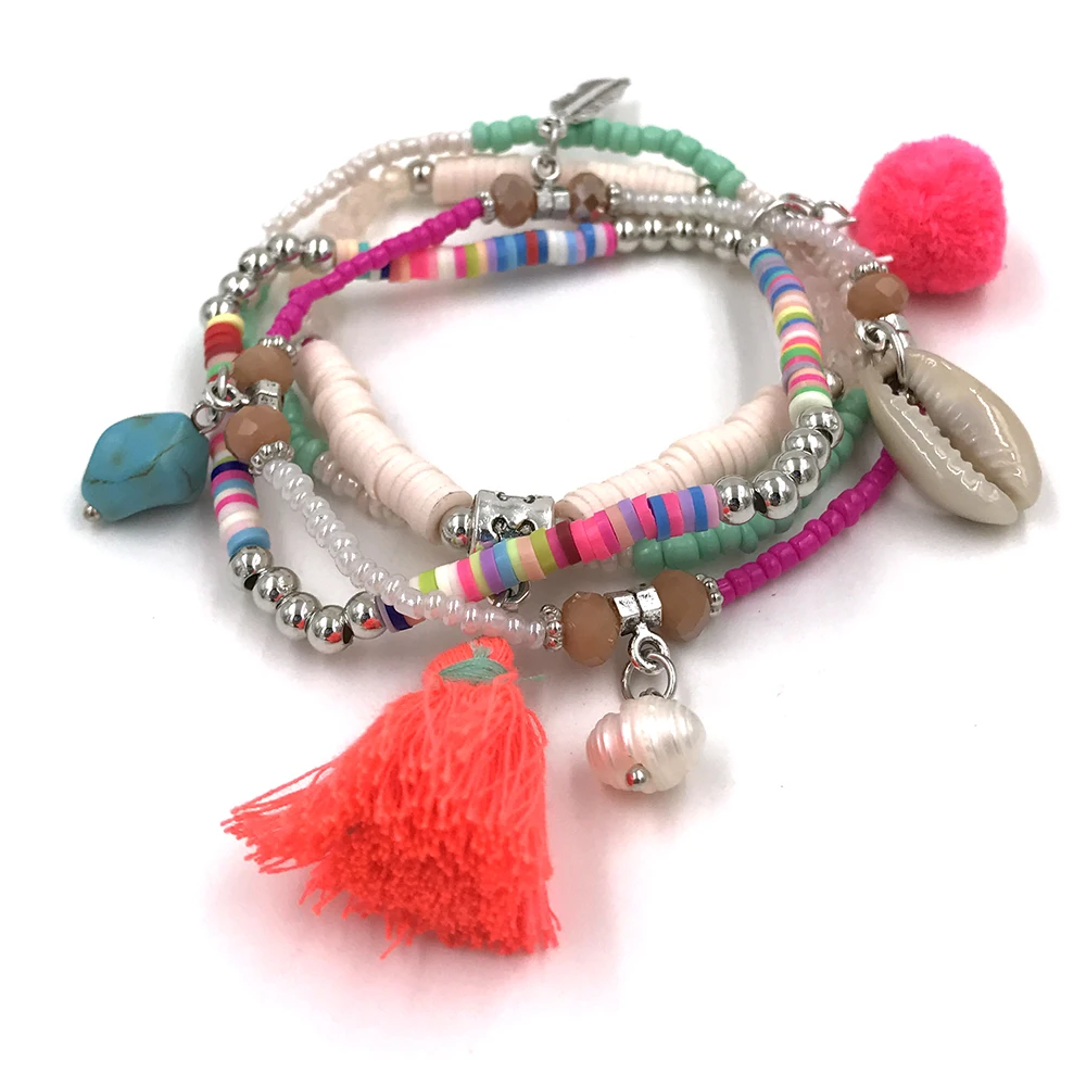 New Bohemia Boho Bracelet Pink Tassel Pompom Charms Bracelets Multi Layers Colorful Seed Beaded Chain Bracelets For Women