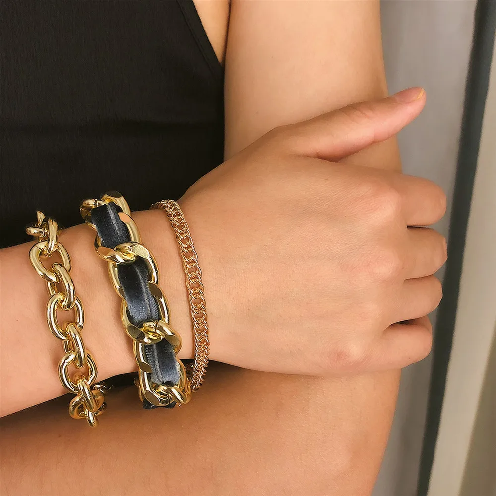 

Boho 2019 Retro Geometric Multilevel Glamour Fashion Jewelrys For Women Gold Thick Chain Shell Velvet Bracelet Set Jewelry