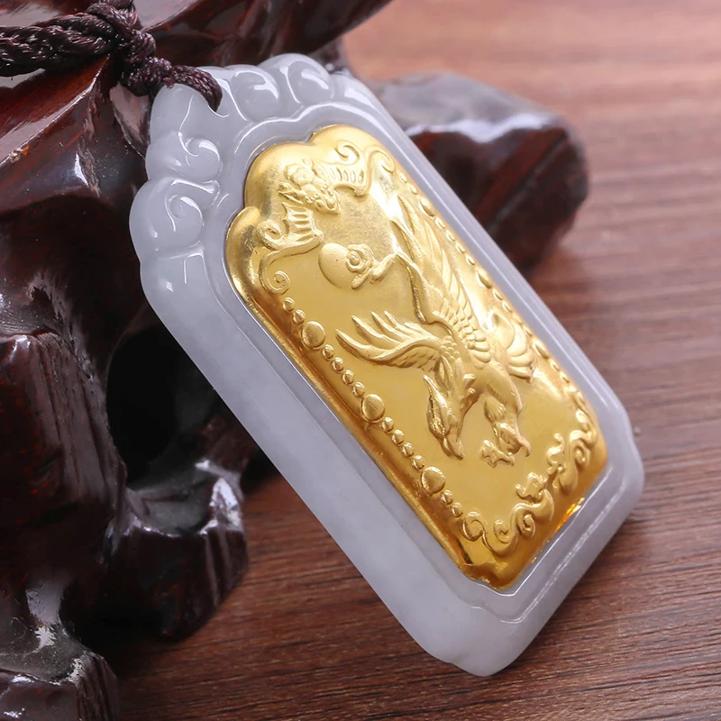 Genuine and Tian Yu mosaic gold eagle PENDANT Men jade Eagle Wings Jade pendant free shipping 48*33*8mm Fine Jewelry