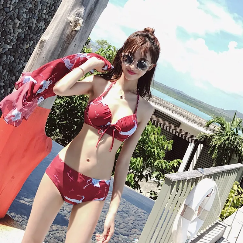 

Summer Bikini Set Push Up Women Swimwear Floral Swimming Suit for Women Halter Sexy Low Waist Red Blue Maillot De Bain