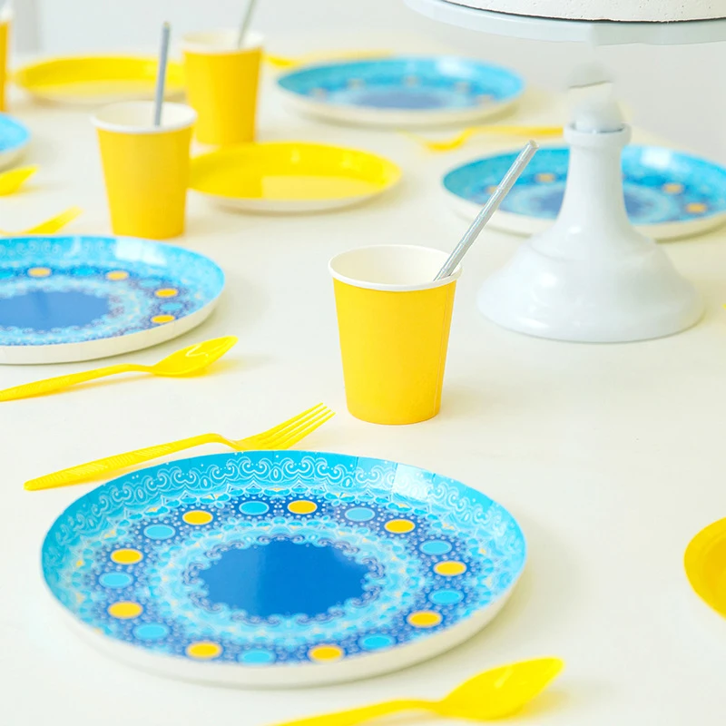 40 шт./компл. Красочные плед одноразовая посуда бумажные чашки тарелки Декор на свадьбу День рождения ребенок душ столовая посуда все для праздника