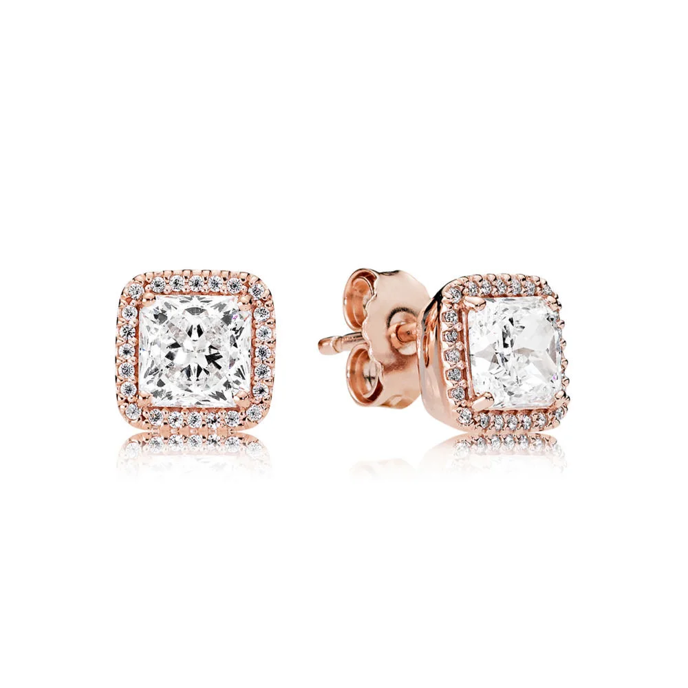 

925 Sterling Silver Women Rose Gold Big Square Crystal Stud Earring Set Women Wedding Party Jewely Luxury Gifts