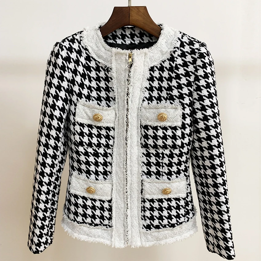 

HIGH STREET Newest 2022 Fall Winter Designer Jacket Women's Zip Houndstooth Fringed Tweed Jacket Coat