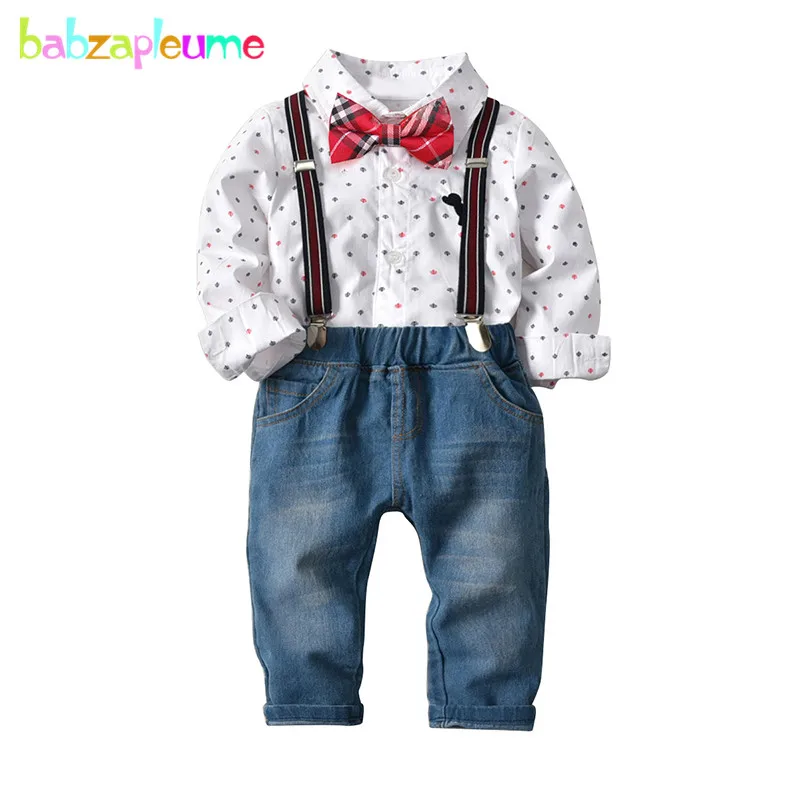 

4Piece 2020 Spring Kids Wear Children Clothes Baby Boys Clothing Set Long Sleeve T-shirt+Jeans+Bow+Straps Toddler Outfits BC1584