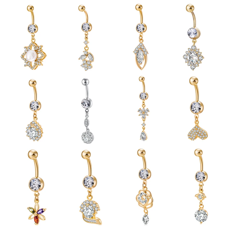 

2019 Sexy Navel Piercing Rings Belly Button Rings Elegant Pearl Flower Zircon Gold Color Surgical Steel Body Jewelry Ombligo