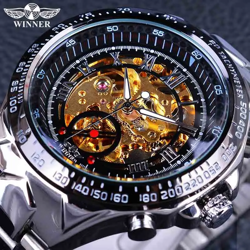 Top Brand Luxury Automatic Wristwatch Winner Classic Series Golden Movement Inside Silver Stainless Steel Mens Skeleton Watch