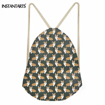 

INSTANTARTS Cute Corgi Pet Dog Printed Outdoor Gym Bag Small Sport Drawstring Bag Ball Shoes Storage String Backpack Women Men