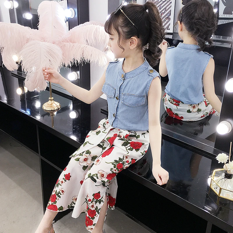 

Casual Girls Sets Denim Sleeveless Tops + Floral Print Loose Pants Chiffon Baby Kids Clothes for 6 8 10 12 Years Vestidos