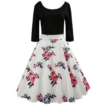 

Black White Patchwork Elegant Dress Women Autumn Winter 3 /4 Hull Floral Hepburn 50 S 60s Vintage Clothes Casual Summer Dress