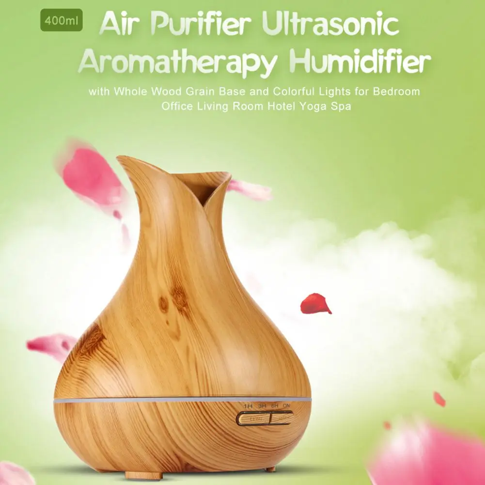 

400ml Air Diffuser Aroma Essential Oil Ultrasonic Air Humidifier with Wood Grain 7 Color Changing LED Lights for Office Home