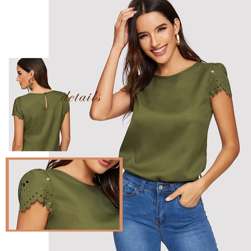 Sheinside, армейский зеленый, выдолбленный, деталь, короткий рукав, блузка для женщин,, летняя, повседневная, волнистая отделка, блузки для девушек, минималистичный Топ