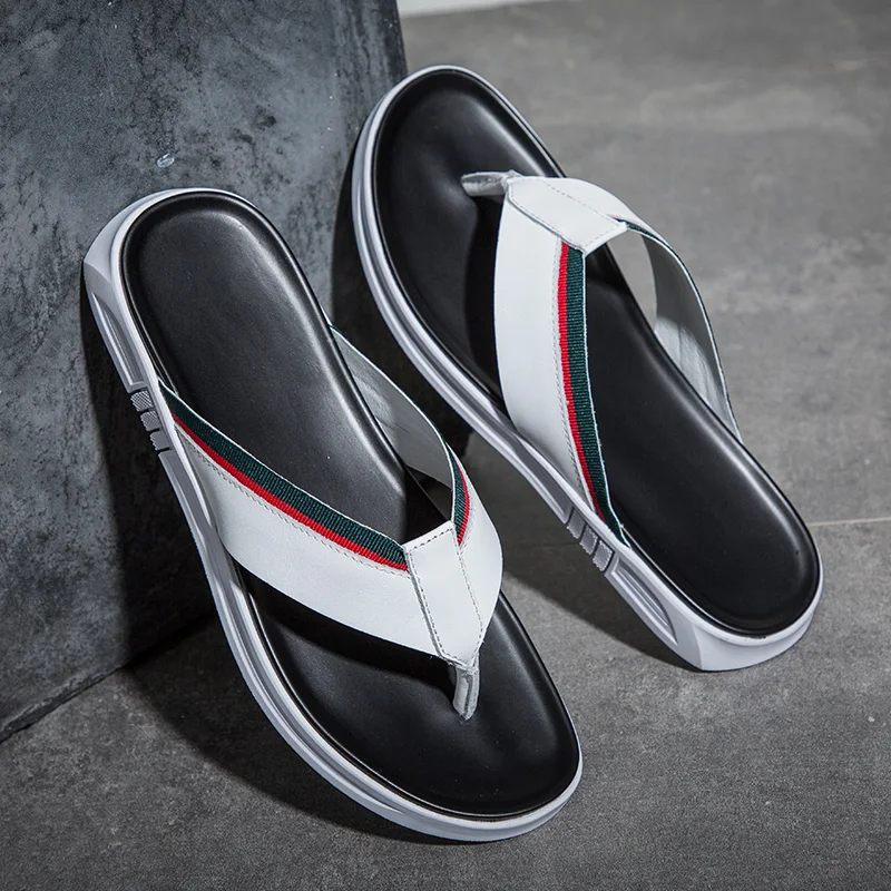 

2019 Fashion Summer Men Genuine Leather Casual Slippers Flats Shoes Outdoor Comfortable Beach Sandals Indoor Non-slip Flip-flops