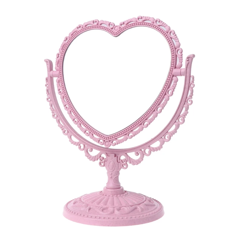 2 стороны в форме сердца зеркало для макияжа вращающийся стенд стол компактный зеркальный комод - Цвет: Розовый