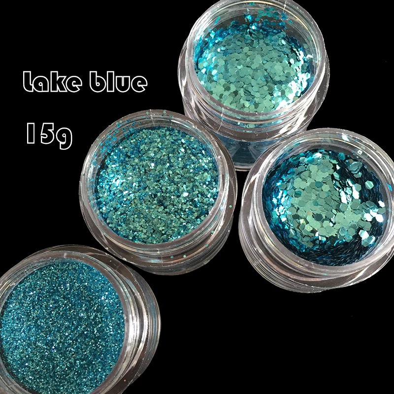 

UV nail glitter powder Lake blue dust Platinum Color shimmer Hexagon sequins powder 4 Sizes Colors for Choose 402