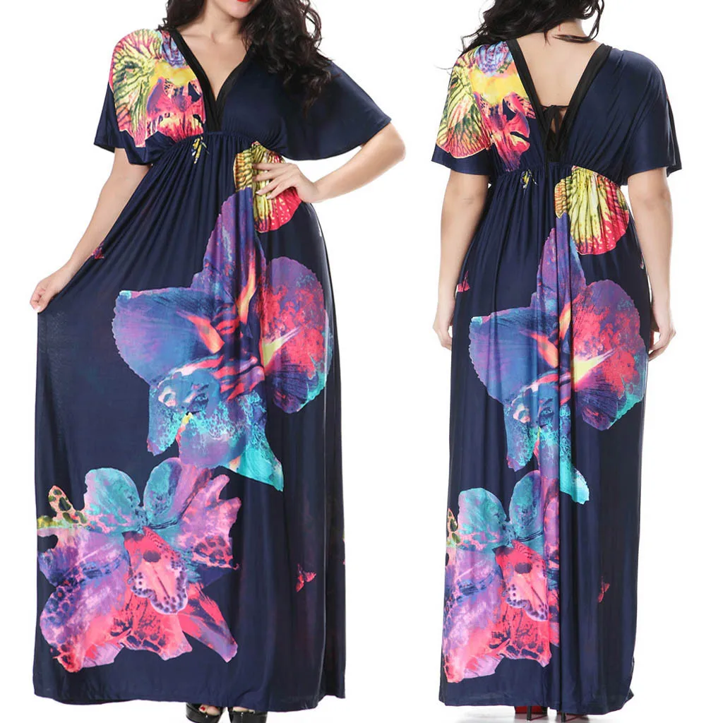 

JAYCOSIN Women Party Deep V-Neck Summer Plus Size Dress Sundress Casual Short Sleeve Hollow Out Print Dresses April12 P30